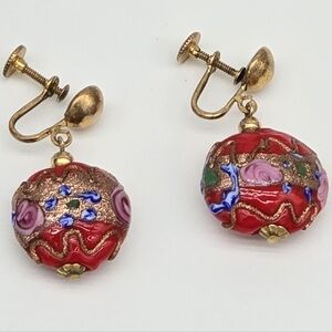 Vintage Red Wedding Cake Venetian Lamp Work Art Glass Bead Dangle Screw Earrings